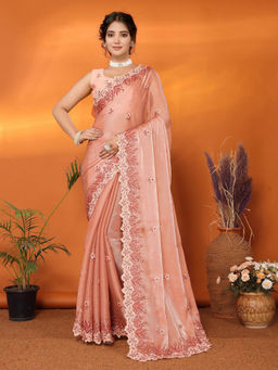 Varanga - Peach Ethnic Motifs Floral Embroidered Saree with Unstitched Blouse