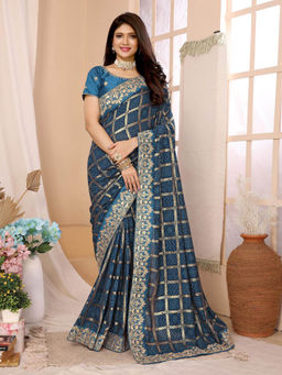Varanga - Blue Bandhani Printed Embroidered Border Saree with Unstitched Blouse