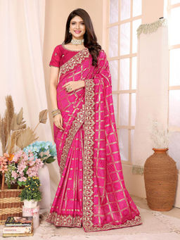 Varanga - Pink Bandhani Printed Embroidered Border Saree with Unstitched Blouse
