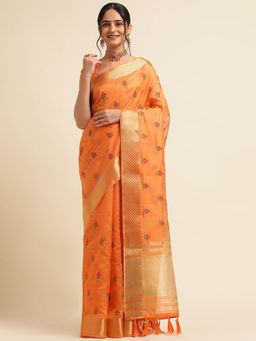 Varanga - Orange Ethnic Motifs Embroidered Woven Saree with Unstitched Blouse