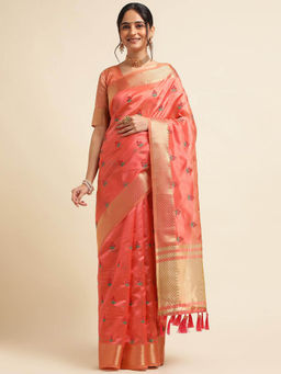Varanga - Peach Ethnic Motifs Embroidered Woven Saree with Unstitched Blouse