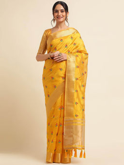 Varanga - Yellow Ethnic Motifs Embroidered Woven Saree with Unstitched Blouse