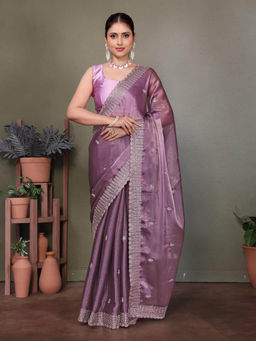 Varanga - Purple Embroidered Sequined Satin Saree with Unstitched Blouse
