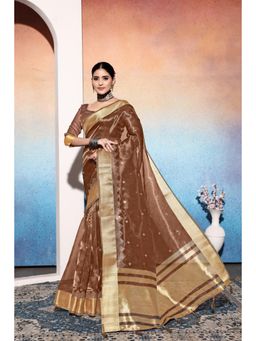 Varanga - Brown Ethnic Motifs Embroidered Woven Zari Tissue Saree with Unstitched Blouse