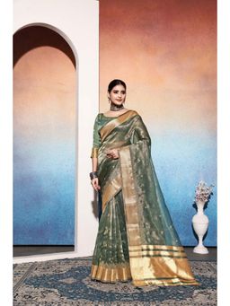 Varanga - Dark Green Ethnic Motifs Embroidered Woven Zari Tissue Saree with Unstitched Blouse