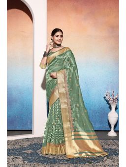 Varanga - Green Ethnic Motifs Embroidered Woven Zari Tissue Saree with Unstitched Blouse