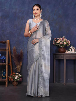 Varanga - Grey Embroidered Sequined Satin Saree with Unstitched Blouse