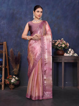 Varanga - Purple Embroidered Sequined Satin Saree with Unstitched Blouse
