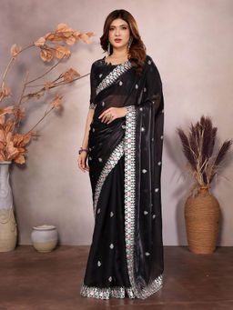 Varanga - Black Ethnic Motifs Embroidered Silk Cotton Saree with Unstitched Blouse