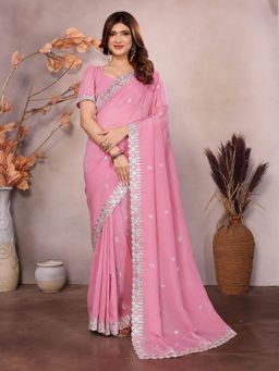 Varanga - Pink Ethnic Motifs Embroidered Silk Cotton Saree with Unstitched Blouse