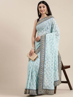 Varanga - Blue Embroidered Sequined Design Saree with Unstitched Blouse