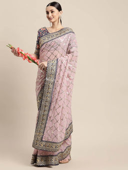 Varanga - Pink Embroidered Sequined Design Saree with Unstitched Blouse