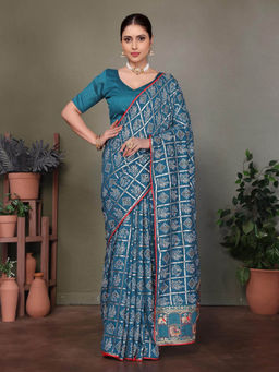 Varanga - Blue Ethnic Motifs Bandhani Printed Saree with Unstitched Blouse