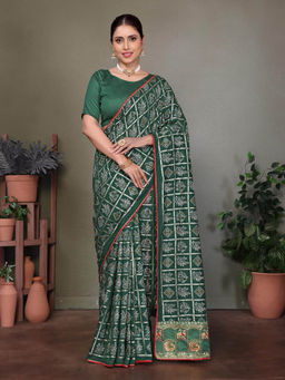 Varanga - Green Ethnic Motifs Bandhani Printed Saree with Unstitched Blouse
