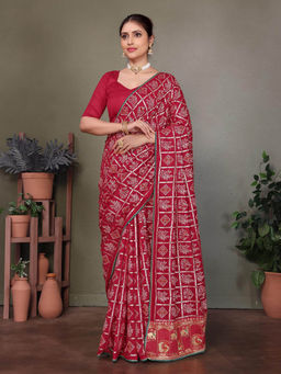 Varanga - Maroon Ethnic Motifs Bandhani Printed Saree with Unstitched Blouse