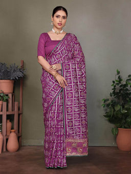Varanga - Purple Ethnic Motifs Bandhani Printed Saree with Unstitched Blouse