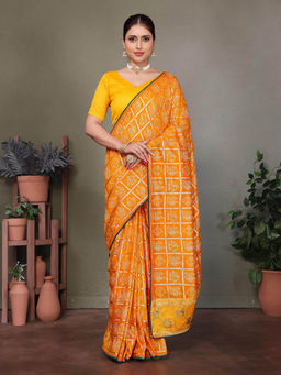 Varanga - Yellow Ethnic Motifs Bandhani Printed Saree with Unstitched Blouse