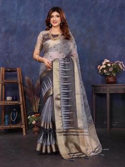 Varanga - Grey Woven Zari Handloom Tissue Saree with Unstitched Blouse