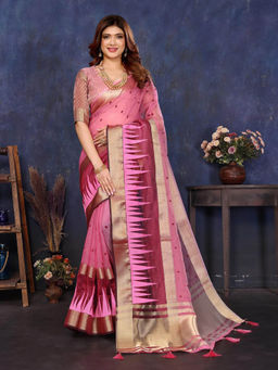 Varanga - Pink Woven Zari Handloom Tissue Saree with Unstitched Blouse