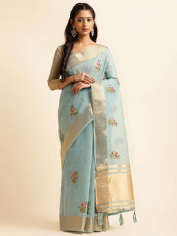 Varanga - Blue Ethnic Motifs Zari Woven Embroidered Saree with Unstitched Blouse