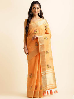 Varanga - Light Orange Ethnic Motifs Zari Woven Embroidered Saree with Unstitched Blouse