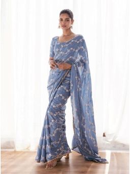 Varanga - Blue Ethnic Motifs Floral Embroidered Saree with Unstitched Blouse