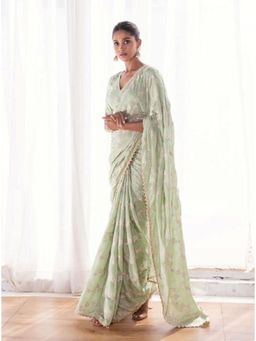 Varanga - Green Ethnic Motifs Floral Embroidered Saree with Unstitched Blouse