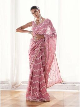 Varanga - Pink Ethnic Motifs Floral Embroidered Saree with Unstitched Blouse