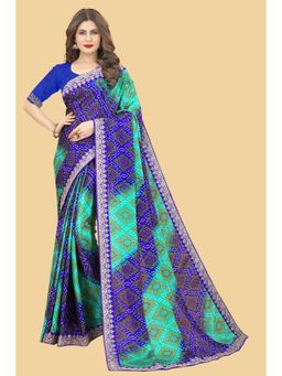Varanga - Blue and Sea Green Ethnic Motifs Printed Embroidered Saree with Unstitched Blouse