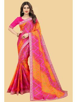 Varanga - Pink and Yellow Ethnic Motifs Printed Embroidered Saree with Unstitched Blouse