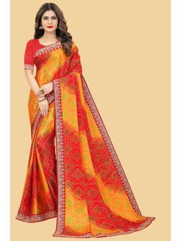 Varanga - Red and Yellow Ethnic Motifs Printed Embroidered Saree with Unstitched Blouse