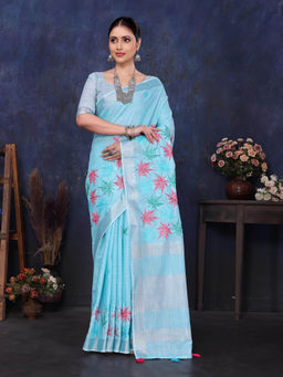 Varanga - Blue Embroidered Woven Design Saree with Unstitched Blouse