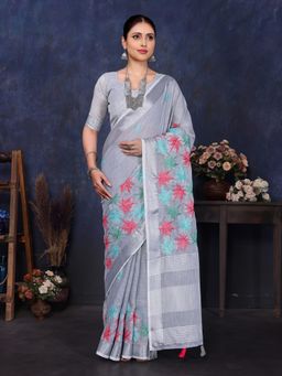 Varanga - Grey Embroidered Woven Design Saree with Unstitched Blouse