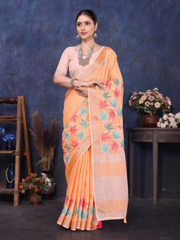 Varanga - Orange Embroidered Woven Design Saree with Unstitched Blouse