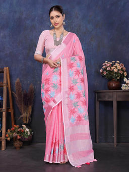 Varanga - Pink Embroidered Woven Design Saree with Unstitched Blouse