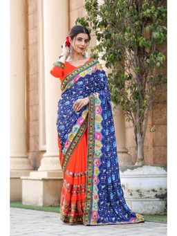 Varanga - Blue and Orange Ethnic Motifs Printed Embroidered Saree with Unstitched Blouse