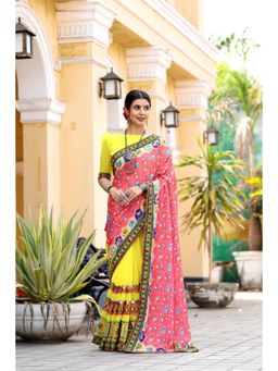 Varanga - Peach and Yellow Ethnic Motifs Printed Embroidered Saree with Unstitched Blouse