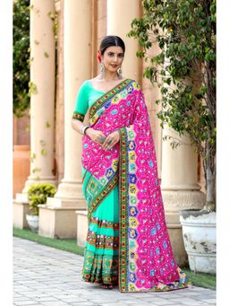 Varanga - Pink and Sea Green Ethnic Motifs Printed Embroidered Saree with Unstitched Blouse
