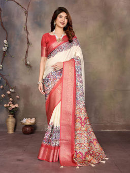 Varanga - Cream Ethnic Motifs Woven Zari Silk Saree with Unstitched Blouse
