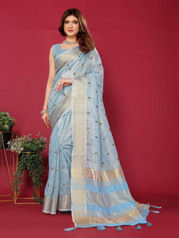 Varanga - Blue Ethnic Motifs Embroidered Woven Zari Saree with Unstitched Blouse