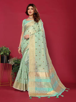 Varanga - Green Ethnic Motifs Embroidered Woven Zari Saree with Unstitched Blouse