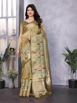 Varanga - Olive Ethnic Motifs Woven Embroidered Saree with Unstitched Blouse