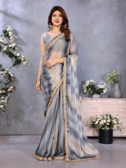 Varanga - Grey Silk Tie and Dye Printed Sequined Lace Work Saree with Unstitched Blouse