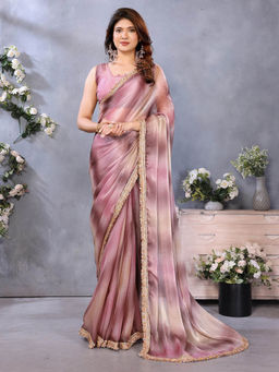 Varanga - Purple Silk Tie and Dye Printed Sequined Lace Work Saree with Unstitched Blouse