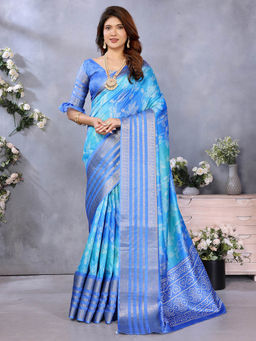 Varanga - Blue Cotton Silk Printed Woven Saree with Unstitched Blouse