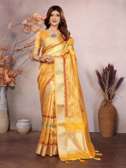 Varanga - Yellow Zigzag Embroidered Woven Bomkai Silk Saree with Unstitched Blouse