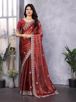 Varanga - Maroon Ethnic Motifs Floral Embroidered Saree with Unstitched Blouse