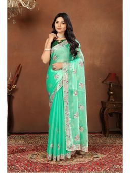 Varanga - Green Ethnic Motifs Floral Sequined Satin Saree with Unstitched Blouse