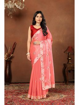 Varanga - Coral Ethnic Motifs Floral Sequined Satin Saree with Unstitched Blouse