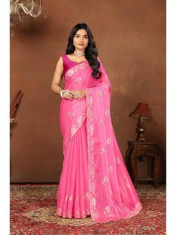 Varanga - Pink Ethnic Motifs Floral Sequined Satin Saree with Unstitched Blouse